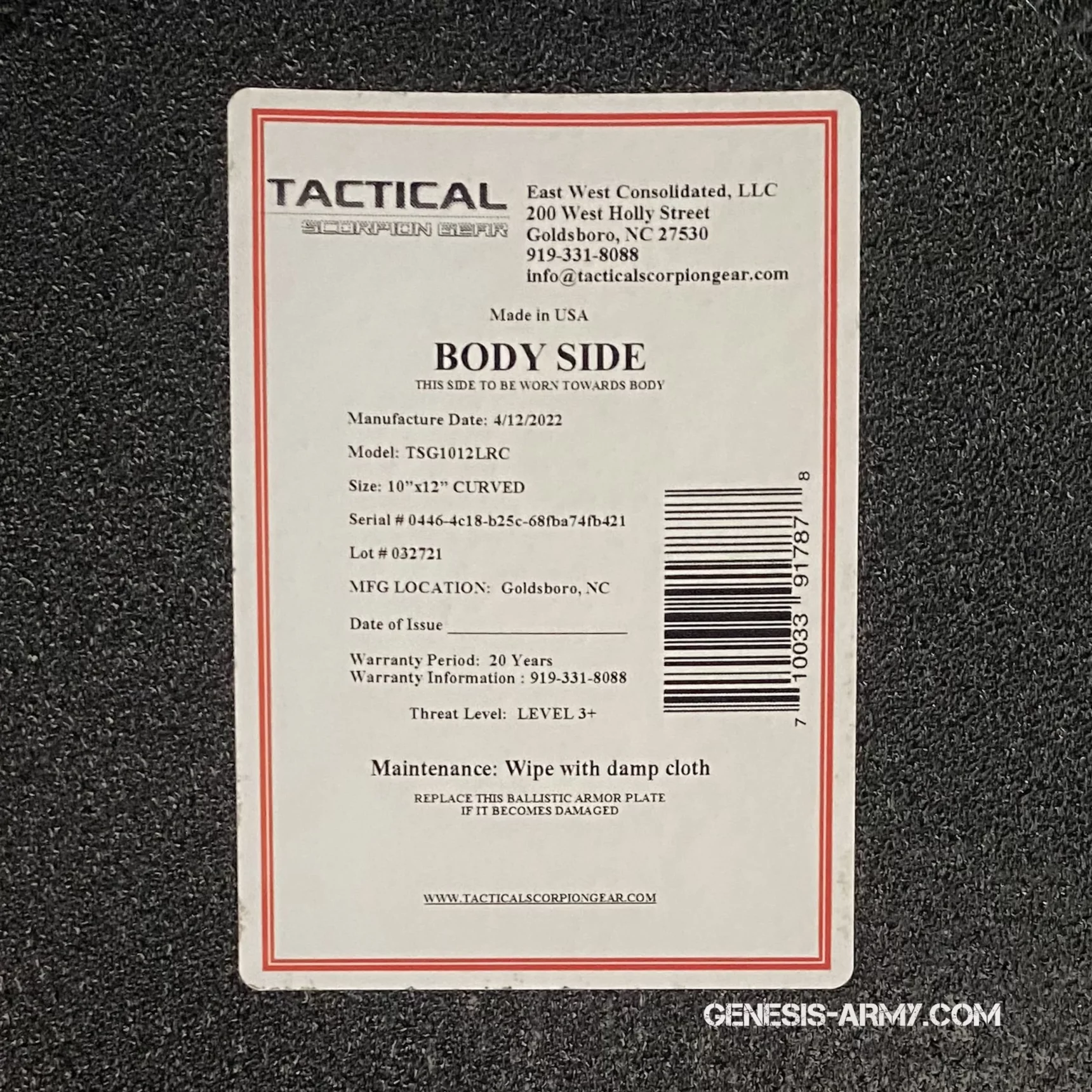 Бронеплити Tactical Scorpion Gear TSG1012LRC